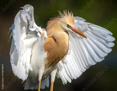 A stunning shot of a bird in flight, wings spread wide, showcasing its intricate feather detail. Its plumage is a mix of white and tan