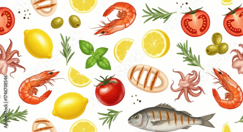 A vibrant seamless pattern featuring Mediterranean culinary delights such as seafood, lemons, and tomatoes, white background