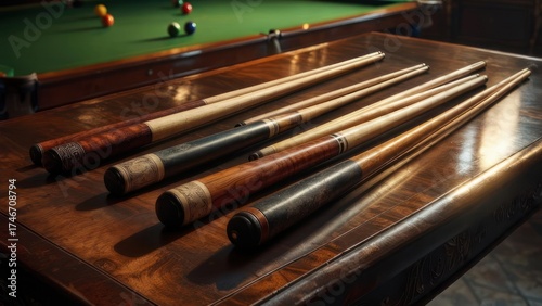 Five pool cues resting on a polished wooden table with a blurred billiard table in the background.