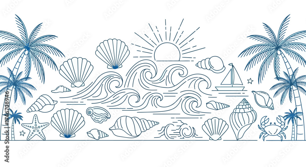 Obraz premium Blue line art illustration featuring various beach elements like shells, sun, waves, and palm trees, white background