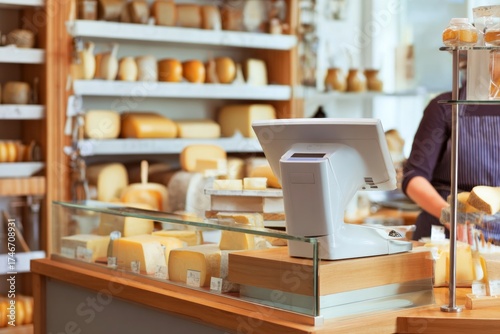 Cheese shop counter with varied cheese selection and cash register.