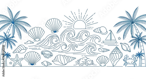 Blue line art illustration featuring various beach elements like shells, sun, waves, and palm trees, white background