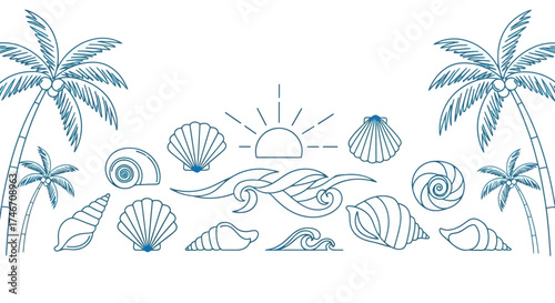 Blue line art illustration featuring various beach elements like shells, sun, waves, and palm trees, white background