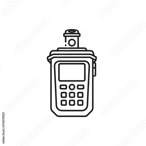 Detailed illustration of a handheld device with a screen and buttons for various functions.