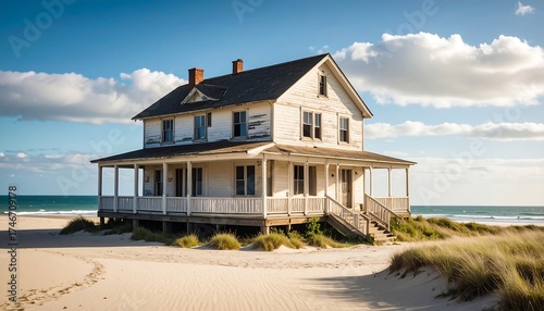 A two-story weathered house stands on a sandy beach with ocean waves in the background under a partly cloudy sky