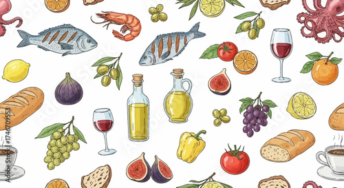 Seamless pattern with hand-drawn Mediterranean cuisine elements, including seafood, fruits, and beverages, white background