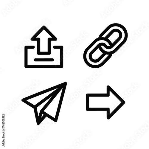 Four black line art icons upload link paper airplane right arrow download
