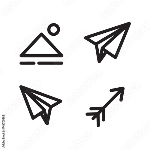Black outline icons of paper airplanes and arrow on white background symbol