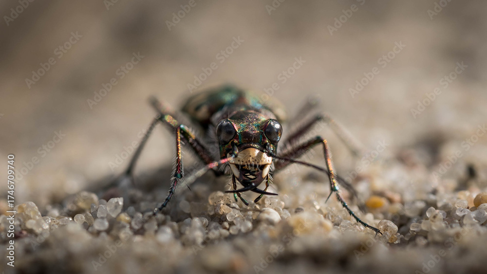 Fototapeta premium Close-up of Beetle Crawling on Sand in the Wild