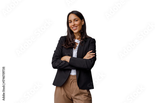 Confident businesswoman smiling, crossing arms, wearing black blazer, looking at camera, transparent background