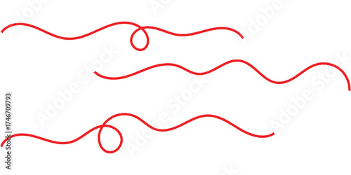 Red isolated vector thread icons on white background. Three different shapes thread on white page. Modern isolated curved thread on red colour. 
