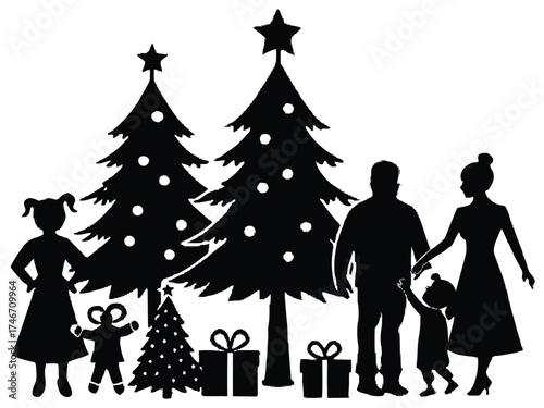 Vector art of silhouette of family with christmas trees and gifts
