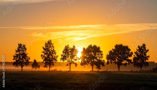 A vibrant sunrise over a grassy field with a row of trees. Golden light bathes the landscape in warmth, creating a serene atmosphere