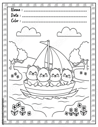 Fluffy Friends Coloring Page & Book for Adults and Kid. High resolution (300 DPI), Ready to print on standard 8.5x11-(A4) inch paper With (No Bleed), Black and White. Vector illustration