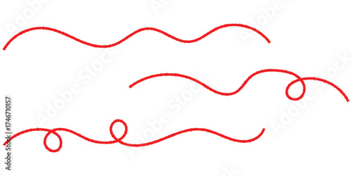 Red isolated vector thread icons on white background. Modern isolated curved thread on red colour. Three different shapes thread on white page. EPS 10. 