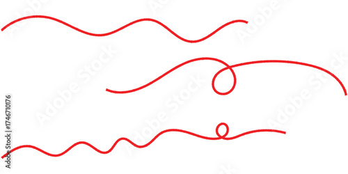 Red isolated vector thread icons on white background. Modern isolated curved thread on red colour. Three different shapes thread on white page. EPS 10. 