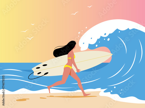 woman running towards wave surfboard holiday hello summer