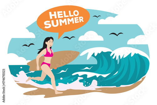 woman running towards wave surfboard holiday hello summer