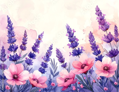 A watercolor illustration features lavender and pink flowers with green leaves, set against a pastel, soft background with watercolor washes