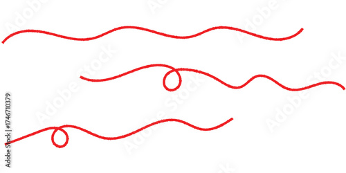 Red isolated vector thread icons on white background. Modern isolated curved thread on red colour. Three different shapes thread on white page. EPS 10. 