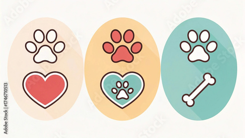 Cute pet paw logo icon pack — simple flat paw print, heart, and bone combinations for animal care and vet branding.