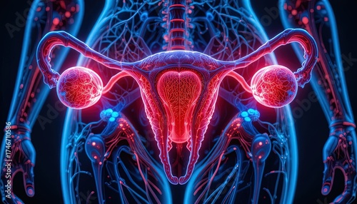 Stunning anatomical rendering of the female reproductive system with vibrant red and blue hues highlighting ovaries and uterus for medical research
