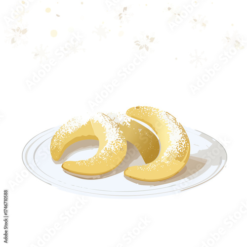 Vanillekipferl mit Schneeflocken-Hintergrund