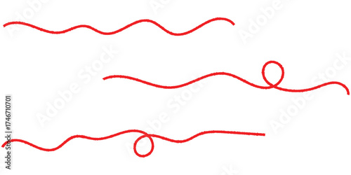  Isolated red curved thread on white background. Red thread icon sets on white background. Vector red thread set on white page.  Isolated curved threads on white page.