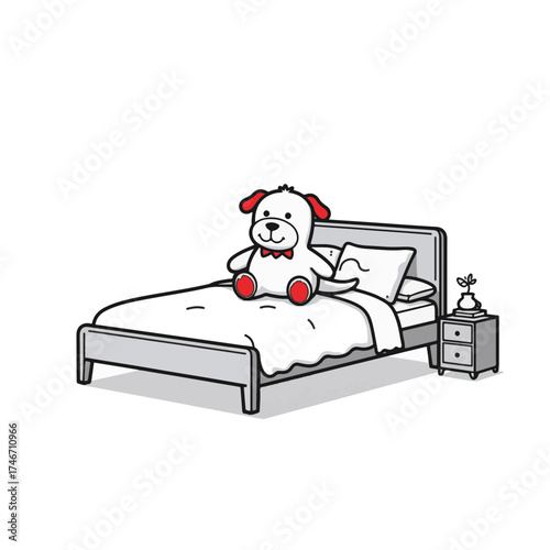 Stuffed animal sitting on bed in minimalist style, childhood comfort
