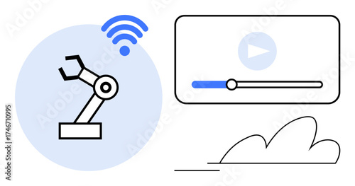 Robotic arm with wireless signal, video player interface, and cloud graphic. Ideal for automation, wireless control, AI, cloud computing, IoT technology digital media. Simple flat metaphor