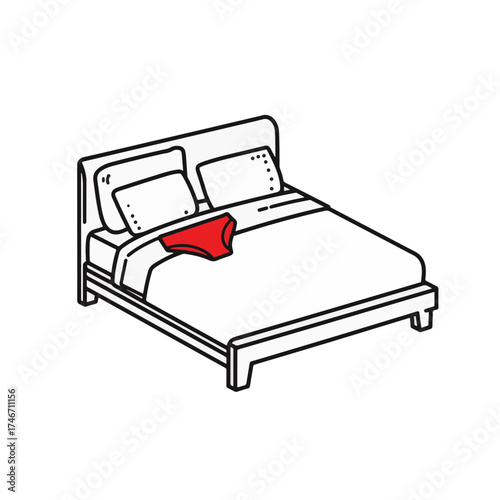 Minimalist bed with red underwear on white background, stylish simplicity