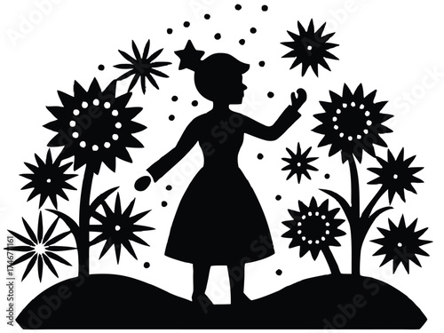 Vector art of black and white silhouette of a girl with sunflowers