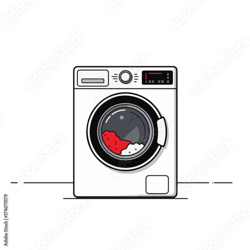 Minimalist washing machine in laundry room with red accent, modern design