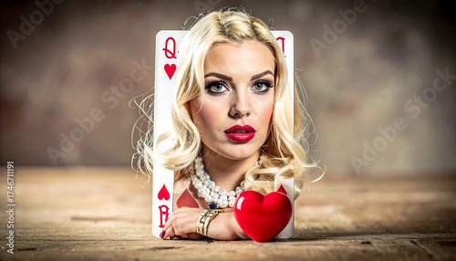 A woman's face emerges from a playing card, a heart-shaped box near the front on a wood surface
