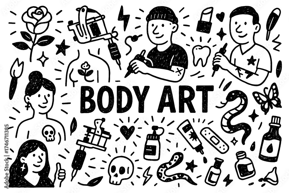 Obraz premium Body art specialist doodle with tattoo artists, ink bottles, and creative tattoo symbols, Transparent Background