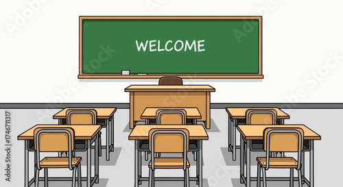 Cartoon vector illustration of an empty classroom with blackboard and desk, white background