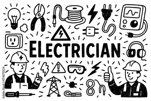 Electrician doodle with tools, light bulbs, cables, and electrical safety symbols, Transparent Background