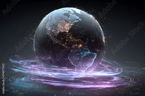 Digital Earth and Connections: A vibrant digital depiction of the Earth, showcasing interconnected global networks and data streams, a symbol of our digitally-linked world.