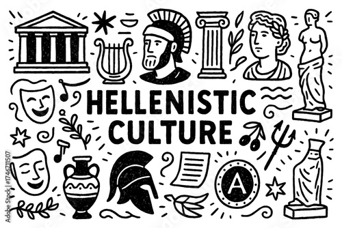 Fotografie Hellenistic period doodle with Greek gods, philosophers, art, and classical arch