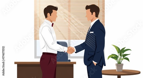 Two professional men in formal suits shaking hands inside a bright office space to finalize a partnership agreement while standing near a wooden desk with a green plant during their business
