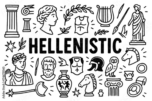 Obraz na plátně Hellenistic period doodle with Greek gods, philosophers, art, and classical arch