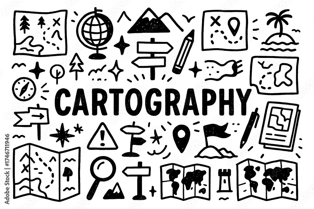 Obraz premium Cartography doodle with maps, compass, globe, and navigation symbols, Transparent Background