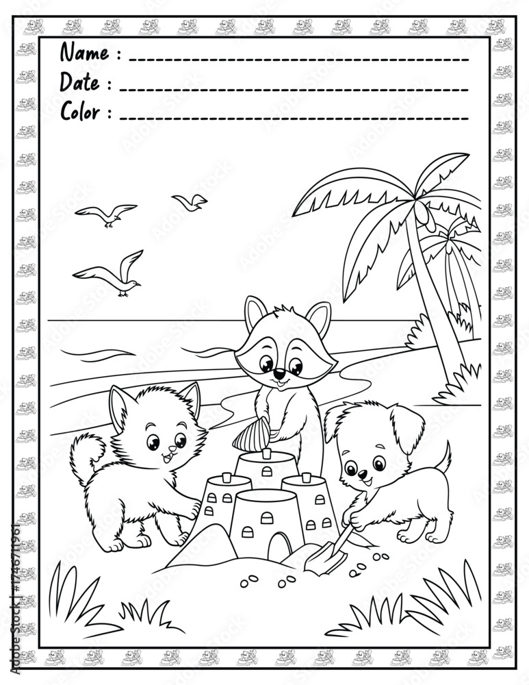 Fototapeta premium Fluffy Friends Coloring Page & Book for Adults and Kid. High resolution (300 DPI), Ready to print on standard 8.5x11-(A4) inch paper With (No Bleed), Black and White. Vector illustration
