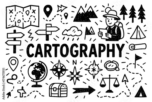 Cartography doodle with maps, compass, globe, and navigation symbols, Transparent Background