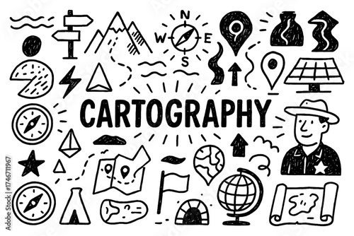 Cartography doodle with maps, compass, globe, and navigation symbols, Transparent Background