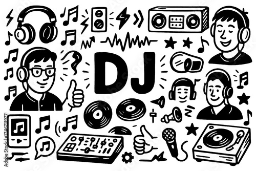 DJ doodle with turntable, headphones, disco ball, and music party elements, Transparent Background