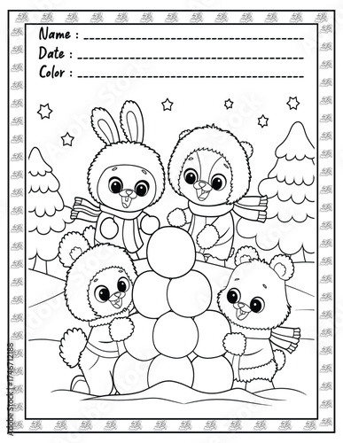 Fluffy Friends Coloring Page & Book for Adults and Kid. High resolution (300 DPI), Ready to print on standard 8.5x11-(A4) inch paper With (No Bleed), Black and White. Vector illustration