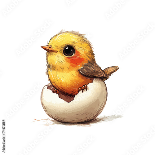 little birds hatching from egg hand drawn illustration