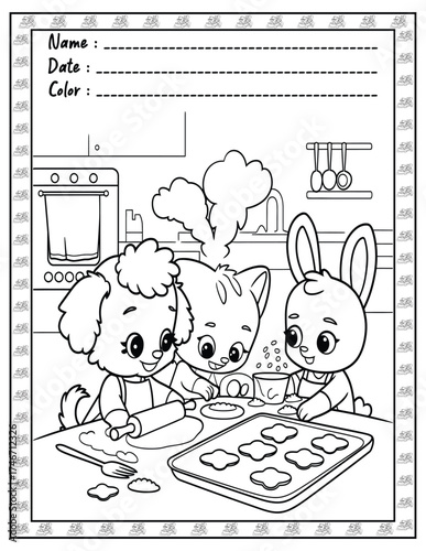 Fluffy Friends Coloring Page & Book for Adults and Kid. High resolution (300 DPI), Ready to print on standard 8.5x11-(A4) inch paper With (No Bleed), Black and White. Vector illustration