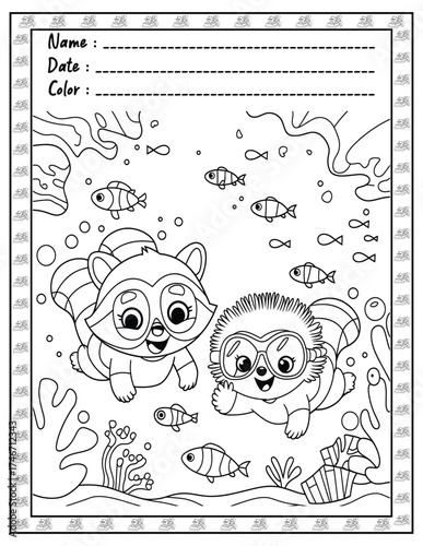 Fluffy Friends Coloring Page & Book for Adults and Kid. High resolution (300 DPI), Ready to print on standard 8.5x11-(A4) inch paper With (No Bleed), Black and White. Vector illustration